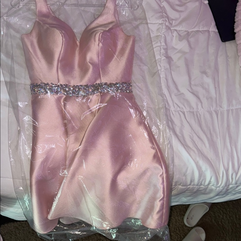Pink Sheath Mini Dress with Plunge Neckline and Embellishments